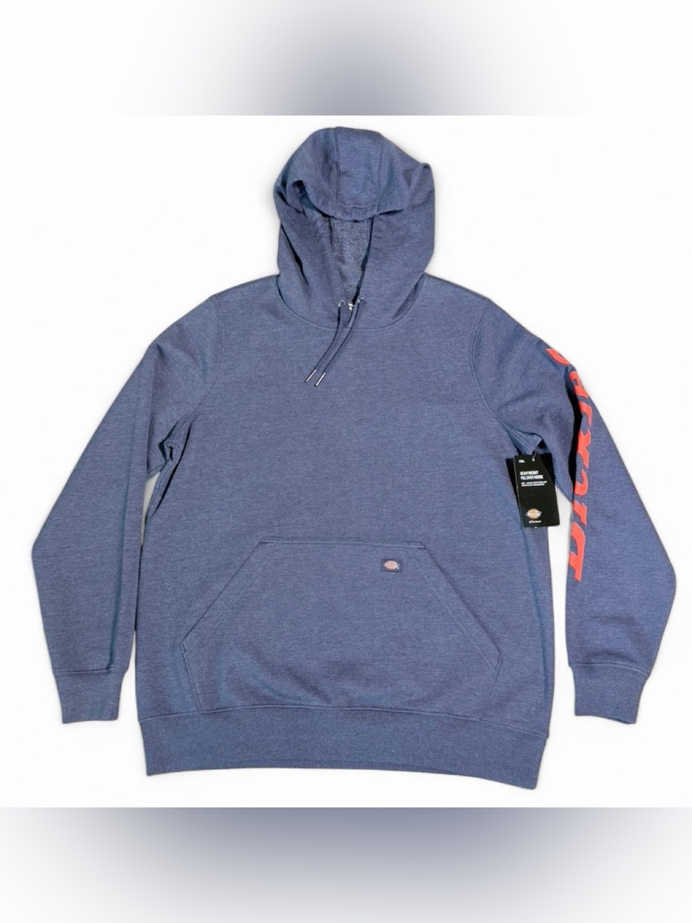 NWT L Women's Dickies Heather Blue Red Logo Sleeve Heavyweight Pullover Hoodie